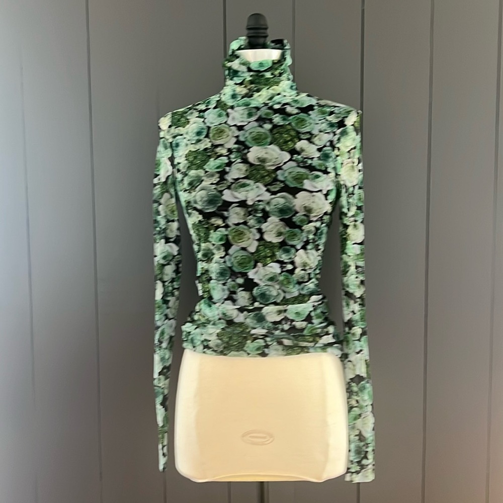 Ganni mesh turtleneck, green floral, size 32